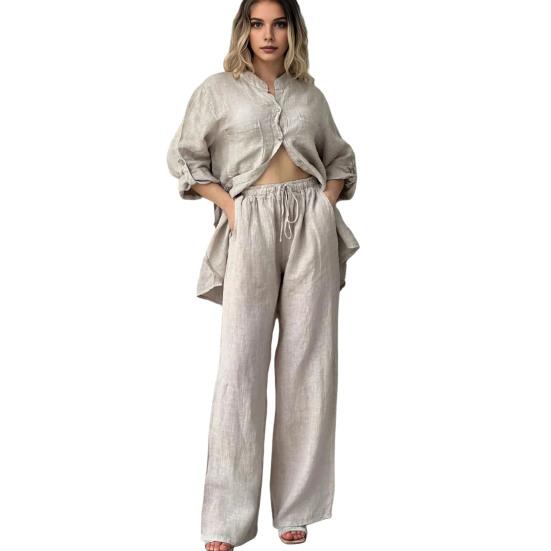 Комплект из 2 предметов: рубашка, брюки, осенне-весенний женский комплект, блузка с длинными рукавами, воротник-стойка, застежка на пуговицы, брюки с эластичной резинкой на талии, спортивный брючный костюм для поездок на работу