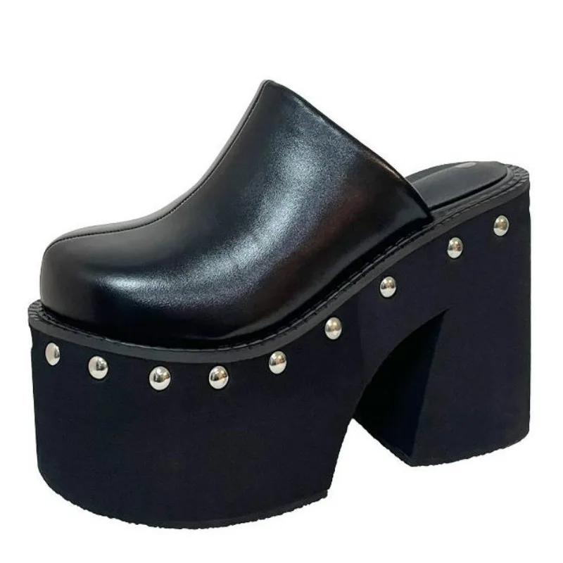 Модные женские туфли из искусственной кожи на высоком каблуке 11 см, летние черные туфли-лодочки на танкетке с круглым большим носком, женские сандалии, тапочки большого размера