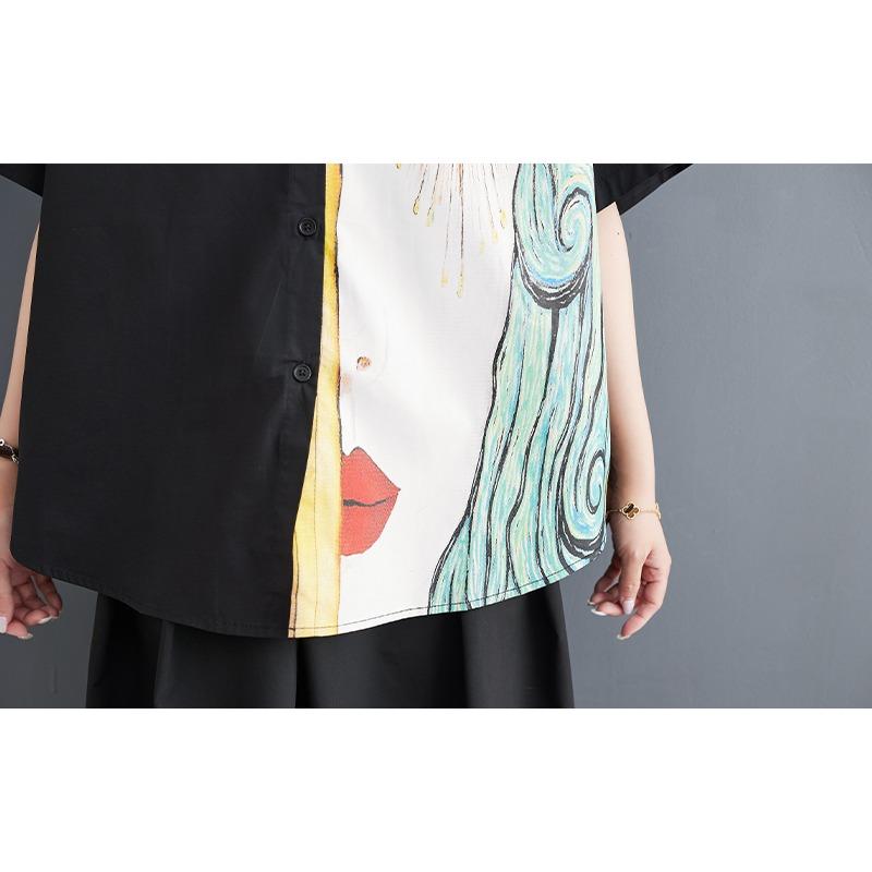 DIMANAF 2025 Плюс Размер Новая Женская Летняя Свободная Рубашка Короткий Рукав Винтажная Рубашка Повседневные Базовые Топы Футболки Печать