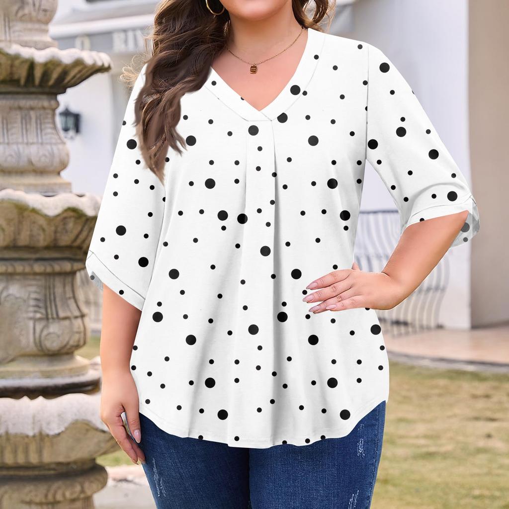 Women's Fashion Large Size Print V-Neck Three-quarter Sleeve Top