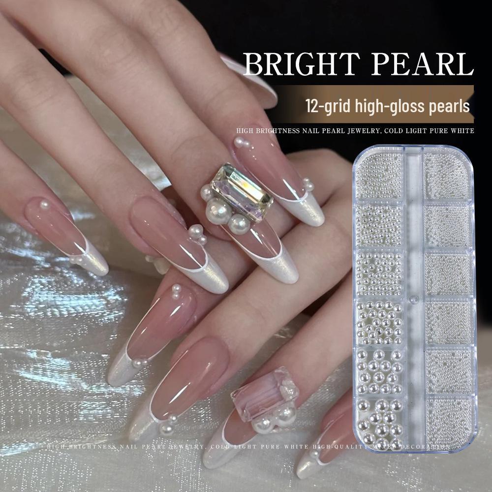Bright Pearl Nail Art Decorations: Mixed Pack of Half-Round & Full Round White Pearls in Various Sizes for 3D Designs.
