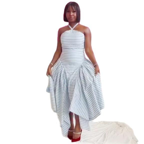 African women's sleeveless neck fashion striped dress women's waist temperament European and American foreign style new big swing dress