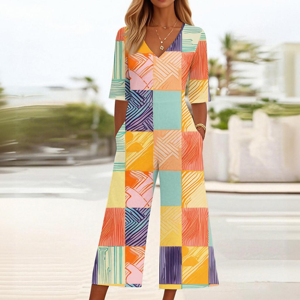 Женский свободный повседневный комбинезон с V-образным вырезом и принтом, облегающий комбинезон с широкими штанинами, комбинезон с широкими штанинами