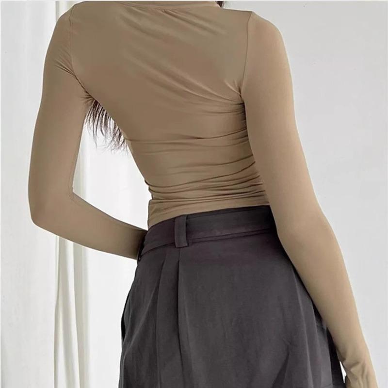 Women's Casual Long Sleeved T-shirt, Spring and Autumn Solid Color Slim Fit Pullover T-shirt, Women's Streetwear Base Shirt, Top