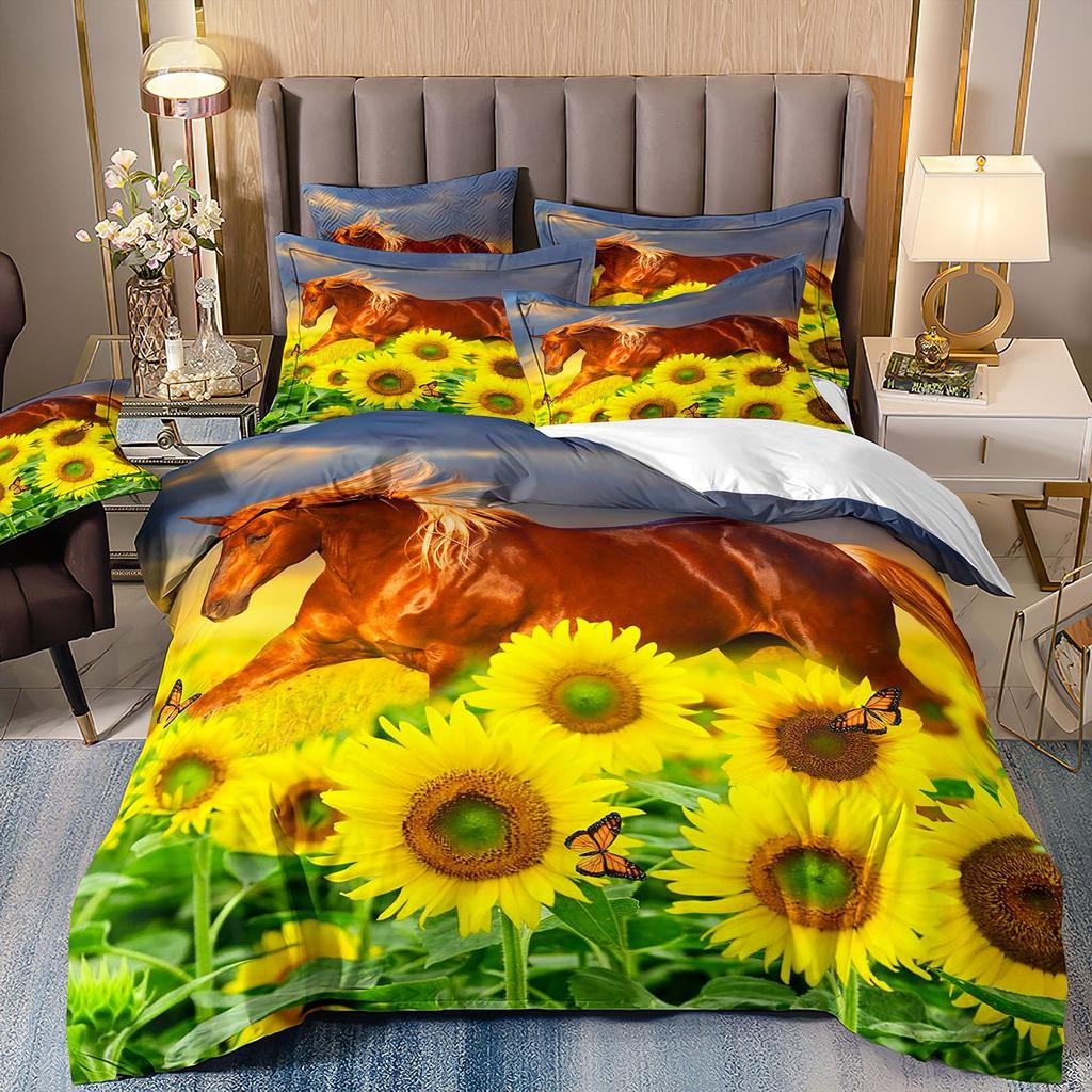 Лошадь Трехпредметный Цветок 3D Цифровая Печать Пододеяльник Простыня Наволочка Комплект Постельного Белья