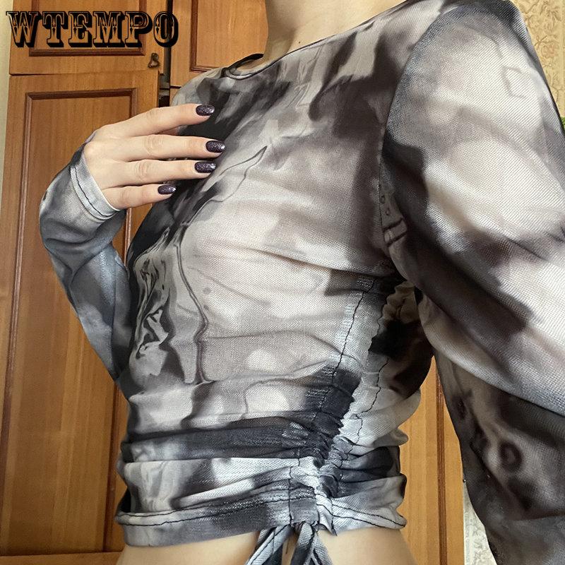 WTEMPO Шикарные сетчатые футболки с принтом Tie Dye, женские повязки на шнурке, винтажные облегающие топы Y2K, футболки с длинными рукавами, уличная одежда