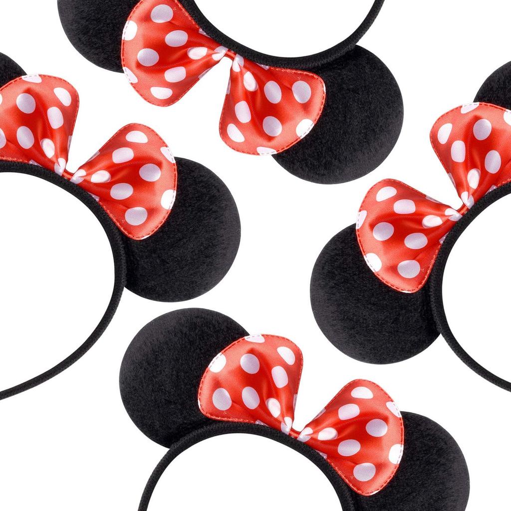 Set of 24 Mickey Minnie Mouse Costume Deluxe Fabric Ear Headband White Polka Dots for Boys Girls Birthday Party Hair Accessories Baby Shower Head Wear