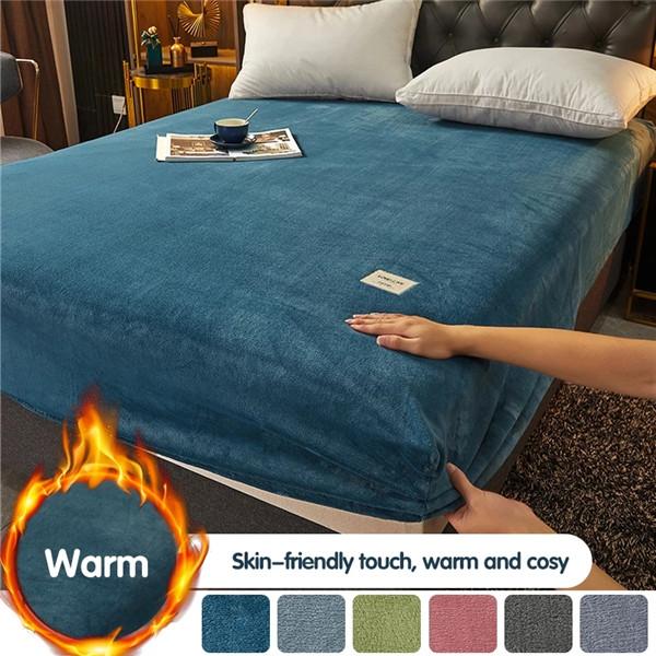 Warm Flannel Fitted Sheet with Elastic Band for Single/Double Bed Super Soft Warm Fitted Protector Cover Skin-friendly Mattress Cover