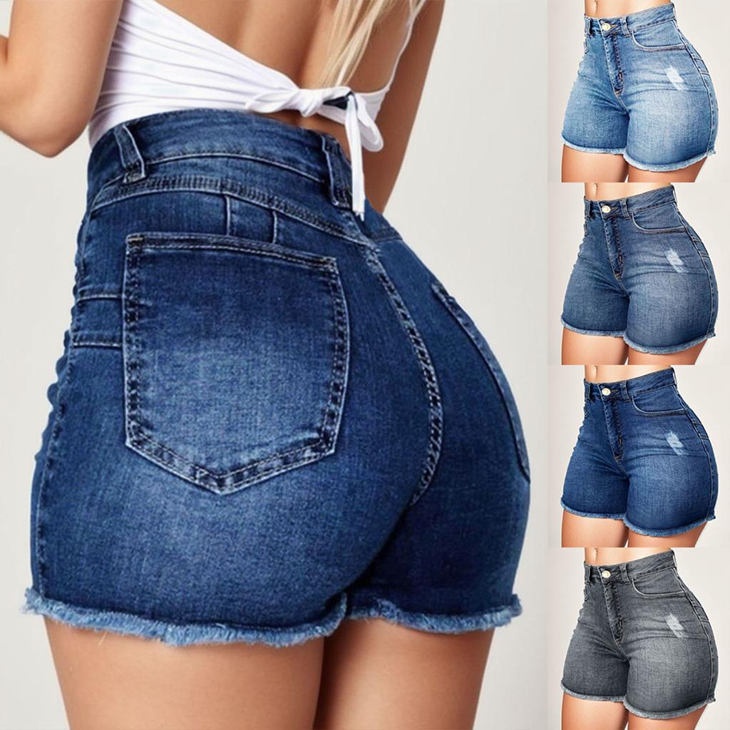 Women's Denim Shorts Summer Lady Clothing High Waist Denim Shorts Women's Fringe Frayed Ripped Jeans Shorts With Pockets