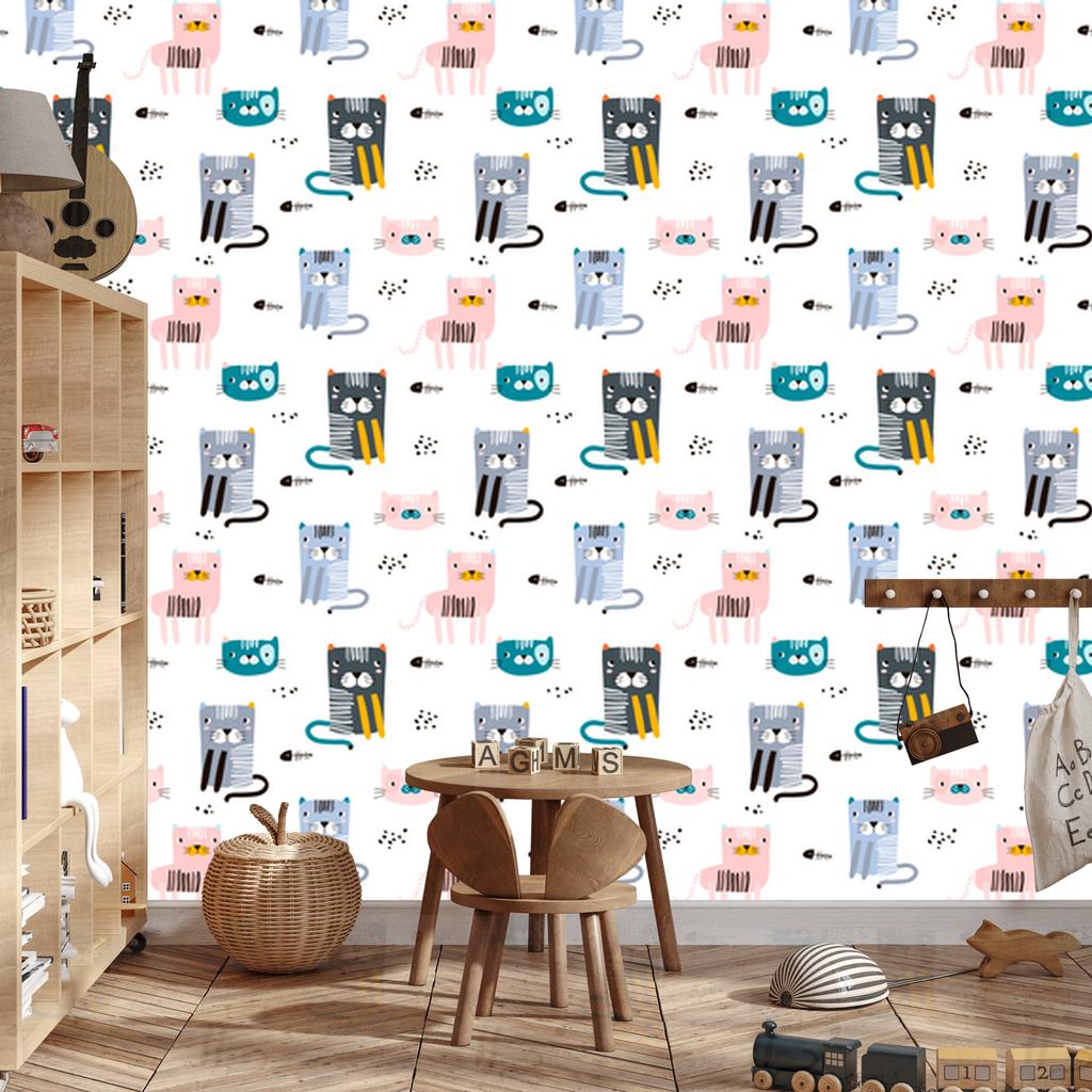 Colorful Kittens Wallpaper in Scandinavian Style for Living Room and Bedroom 50x1000
