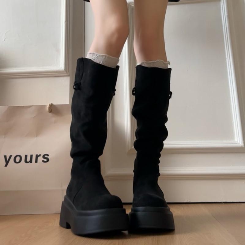 Платформа Толстый Каблук Женские Вестерн Высокие Сапоги Увеличение Роста Обувь Слипоны Осень Зима Женские Панк Винтаж Длинные Ботильоны