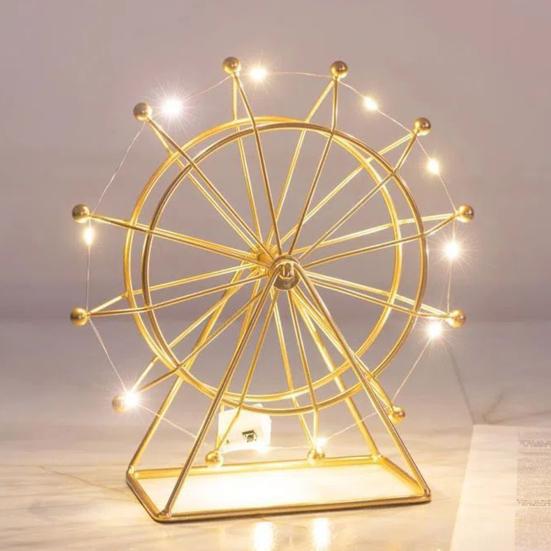 Sky Wheel Ornament with LED Light Rotatable Iron Wire Ferris Wheel Model Metal Figurine Home Office Desktop Decoration