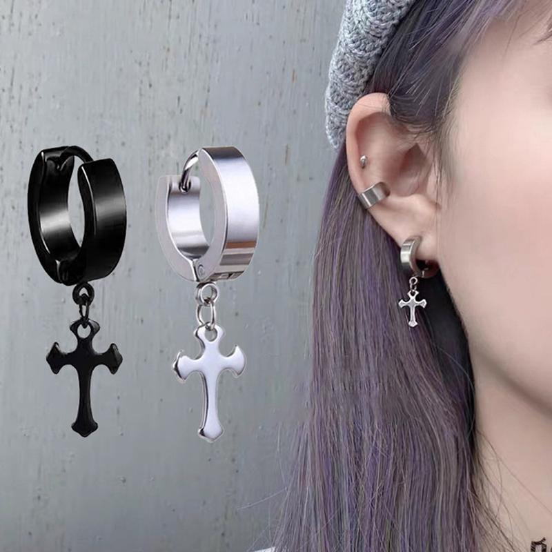 1 шт. Корейская мода Нержавеющая сталь Особой формы Крест Подвеска Серьги Женские серьги Панк Рок Пирсинг Серьги-кольца Циркон