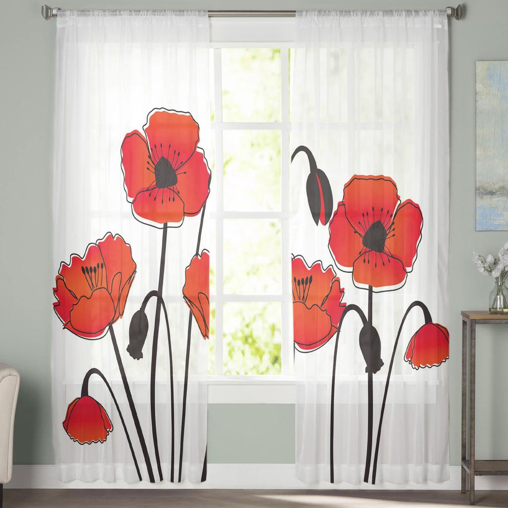 Red Poppy Flower Plant White Chiffon Sheer Curtains for Living Room Bedroom Home Decoration Window Voiles Tulle Drapes Curtain
