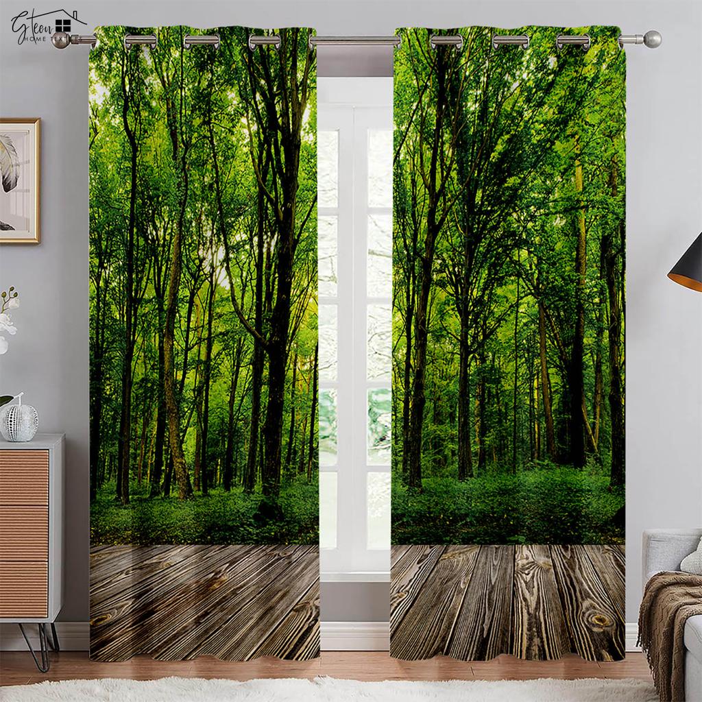 Лесные 3D-занавески с изображением леса, пейзажа, зеленого солнца, осени, кленовых листьев, природы, жизненной силы, кармана для переноски, легко стирать, занавески