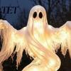 Spooky Desk Sculpture for Home Ghost Pumpkin Yard Lamp, Halloween Resin Figurine with Warm LED Light, Decorations Swirling on Base, Tabletop