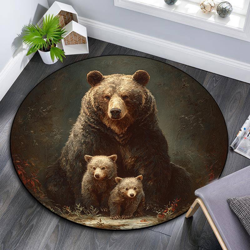Brown Bear Round Area Rug,Carpet Rug for Living Room Bedroom Sofa Playroom Decor,Non-slip Floor Mat