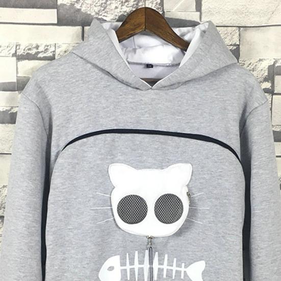 Women Spring Hoodie with Cat Nest Cartoon Print Big Zipper Pocket Hooded Long Sleeves Keep Warm Pullover Elastic Cuff Lady Hoodie Women Garment