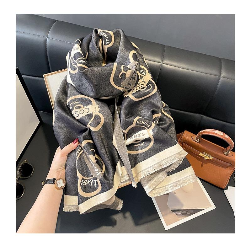 Autumn and Winter Imitation Cashmere Warm Thickened Scarf Bear Pattern Frame Short Beard Scarf Shawl Dual-purpose