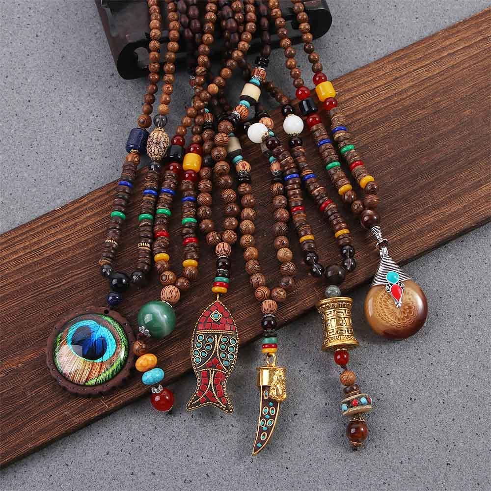 Men Handmade Nepal Horn Mala Buddhist Pendant Wood Beads Necklace Long Necklace
