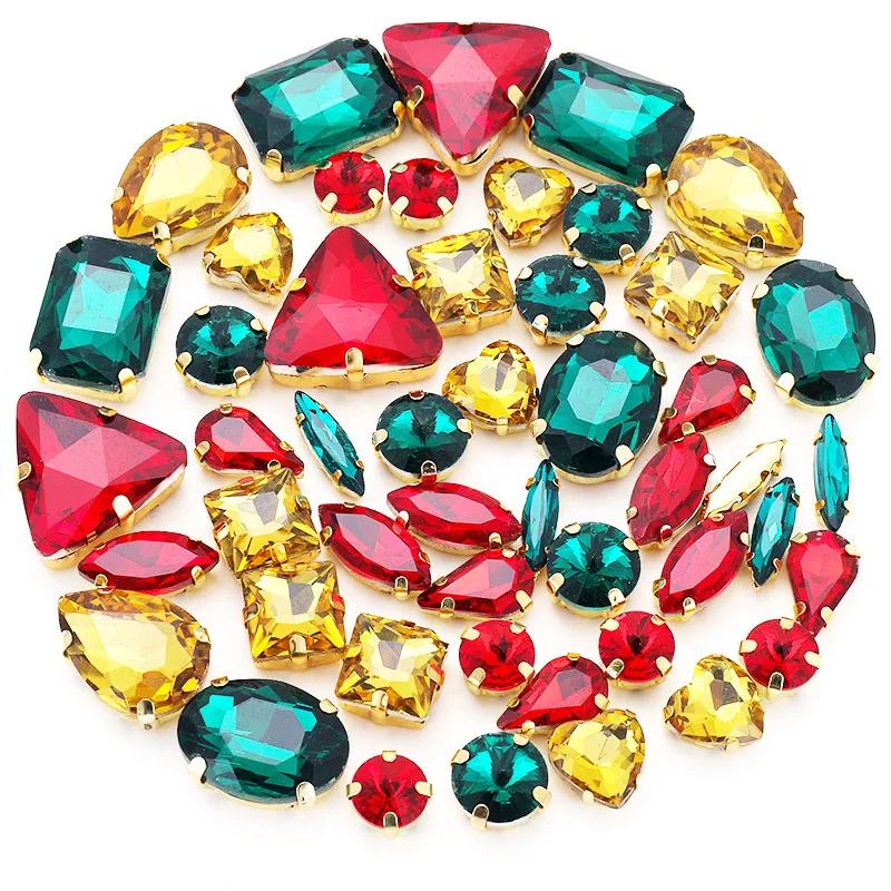 50pcs/Bag Glitter Mixed Shape Sew On Glass Rhinestone Gold Claw Crystal Buckle Diy Wedding Decoration Accessories