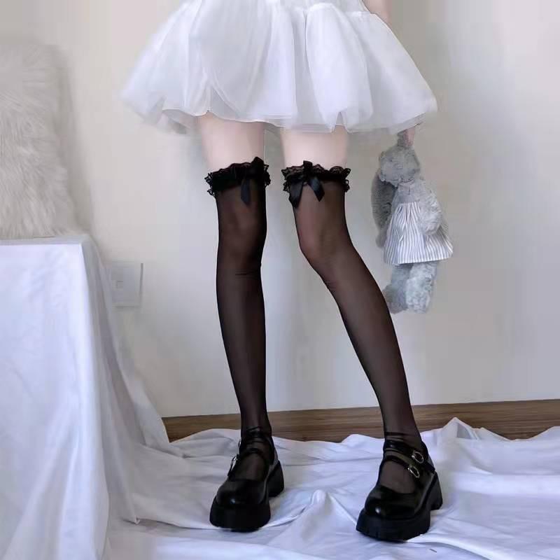 Japanese StyleJKMid-Calf Silk Stockings Women's Sweet Lace Calf Socks Summer Thin Bow Lolita Black Silk