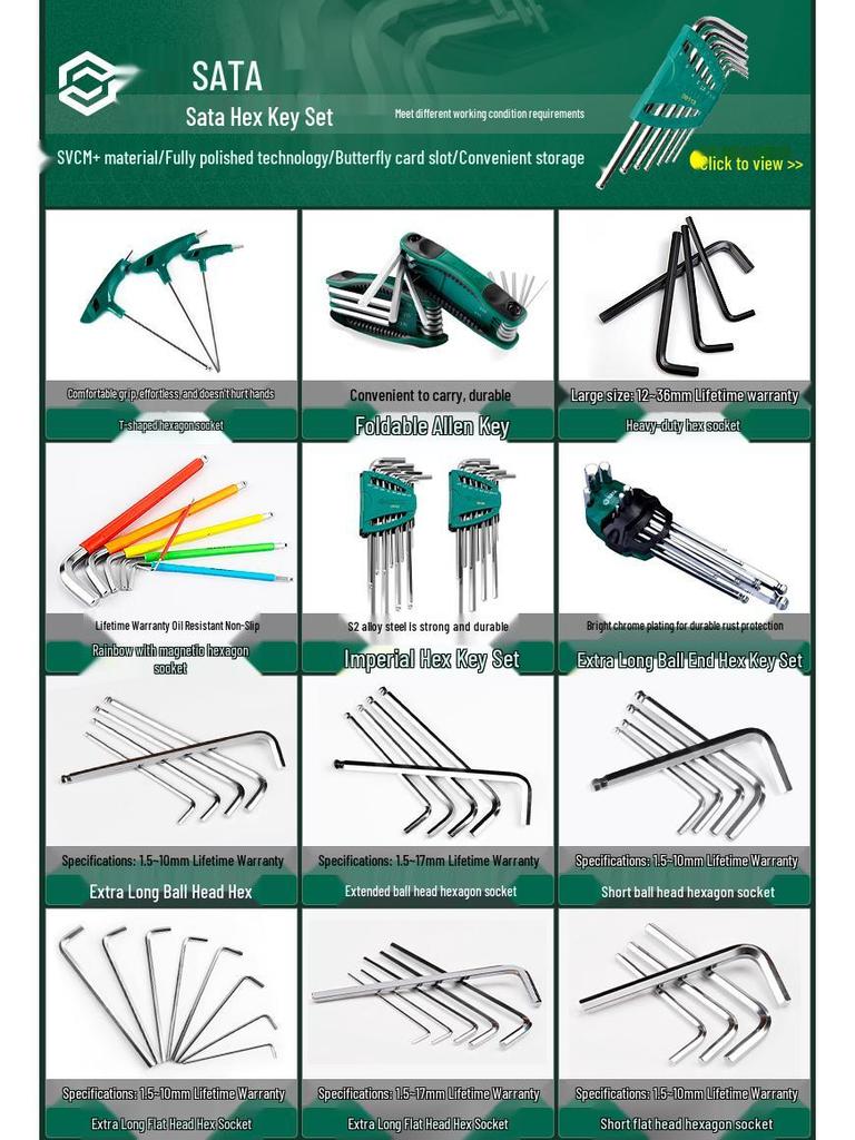 SATA Extra Long Torx Set: Magnetic Ball End Hex Keys with Hexagonal Center Hole.