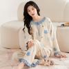 Пижамный комплект с синим цветком для женщин, одежда для сна с длинными рукавами и длинными штанами, осенне-зимняя милая пижама, уютная мягкая пижама для девочек, кавайные пижамы