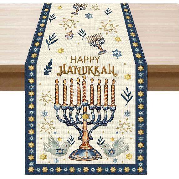 XCHI Happy Hanukkah Chanukah Menorah Six-Pointed Star Doves Table Runner Table Decoration for Party Home Kitchen Dining Holiday Decor 13x72 Inch