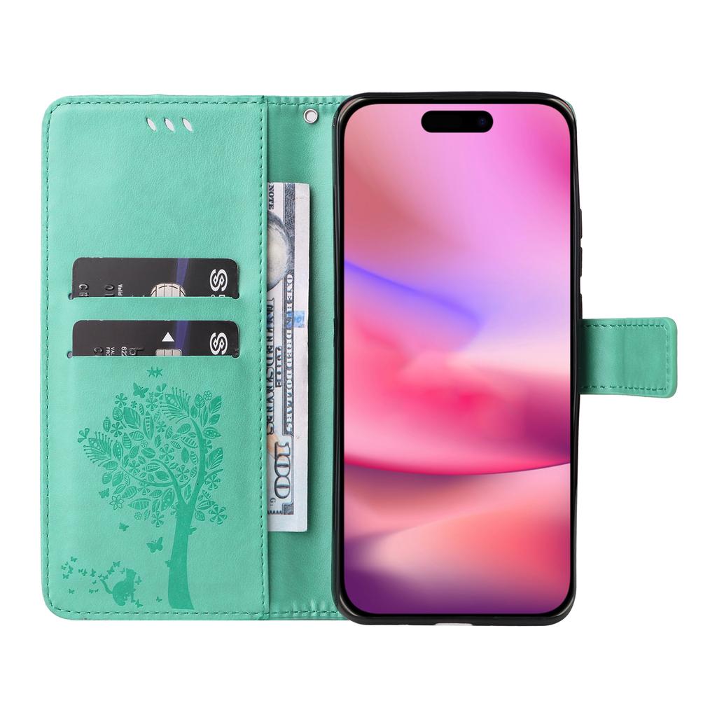 For iPhone 16 Phone Case with Stand Cat Tree Pattern Leather Wallet Mobile Cover