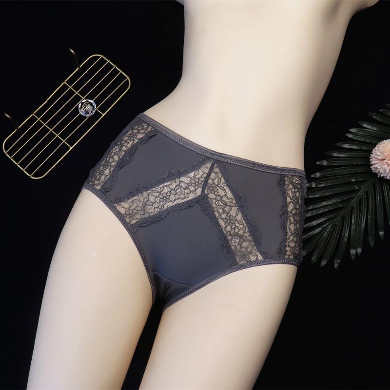 Mid Waist Minimalist Lingerie Women's Sexy Hollow Lace Underwear Ice Silk Breathable Triangle Panties