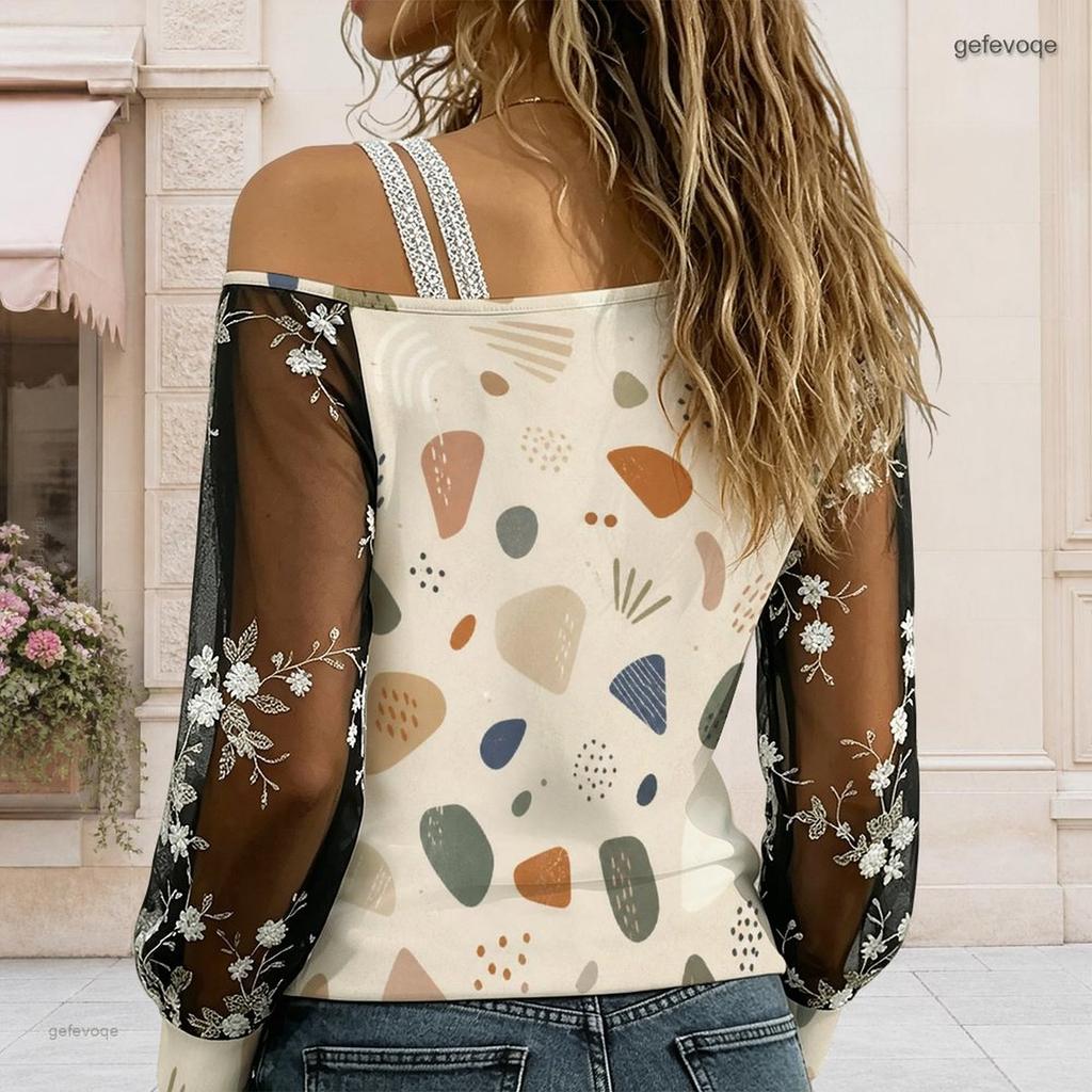 Women Plus Size Asymmetric Cold Shoulder Long Sleeve T Shirt Plaid Floral Printed Sheer Sleeve Top