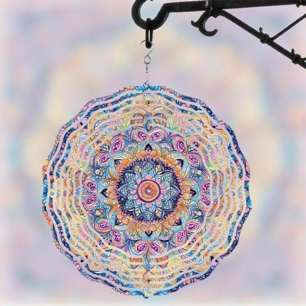 3D Мандала Цветок Колокольчик Ветра Яркий Металлический Кинетический Подвесной Скульптурный Декор Красочный Дизайн Лепестков для Внутреннего Наружного Садового Декора Украшение Комнаты