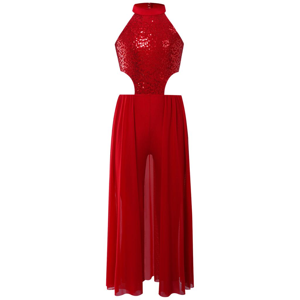 Девочки Блестящие Пайетки Халтер Без рукавов С открытой спиной Юбка Комбинезон Латиноамериканский Танец Костюм для выступления