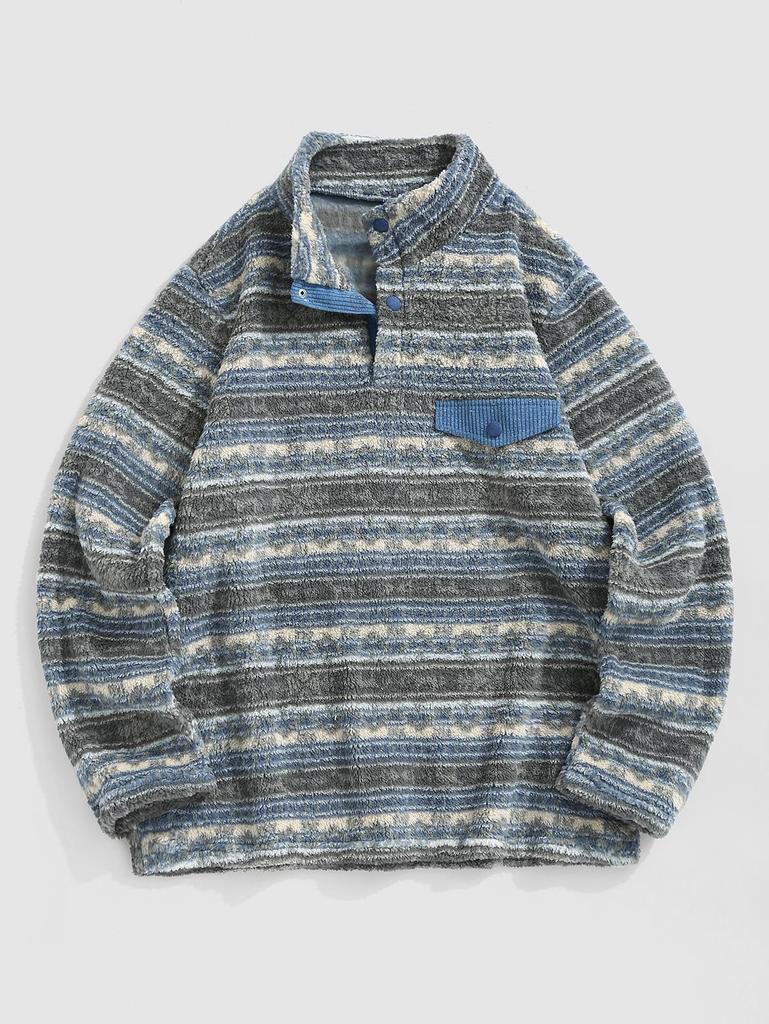 ZAFUL Мужская флисовая толстовка с воротником-стойкой с этническим принтом и застежкой на четверть пуговицы