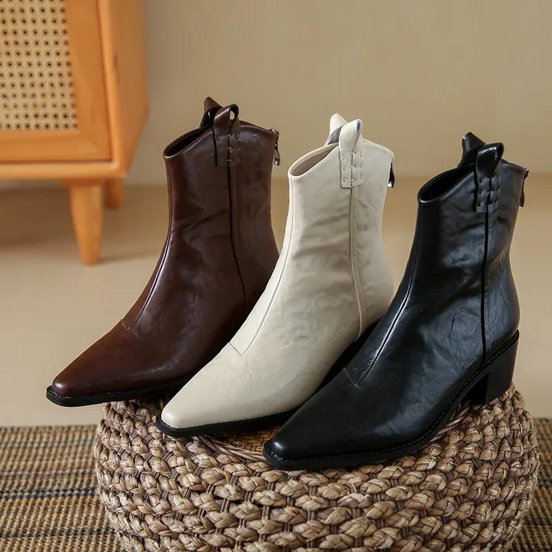 Fashion Women Fashion Chunky Heel Ankle Boots Fashion Solid Color Design Booties Women Autumn New Pointy Cowboy Boots Soft Leather Shoes