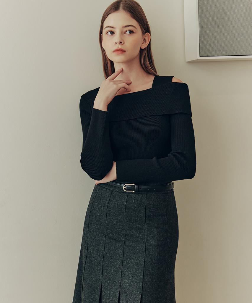 ZEROSTREET [3 Colors] Solid Asymmetrical Off-Shoulder Sweater