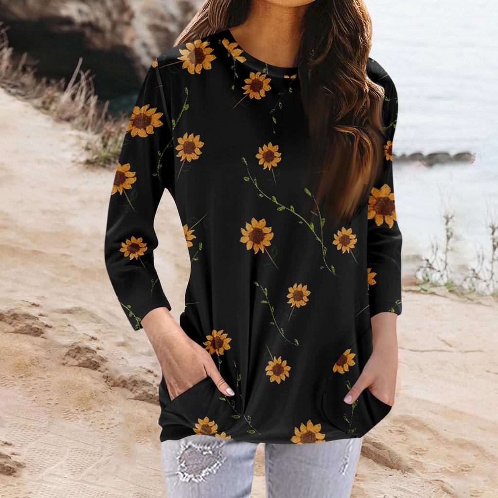 Женская модная повседневная футболка с карманом и круглым вырезом с рукавами 3/4 и топом