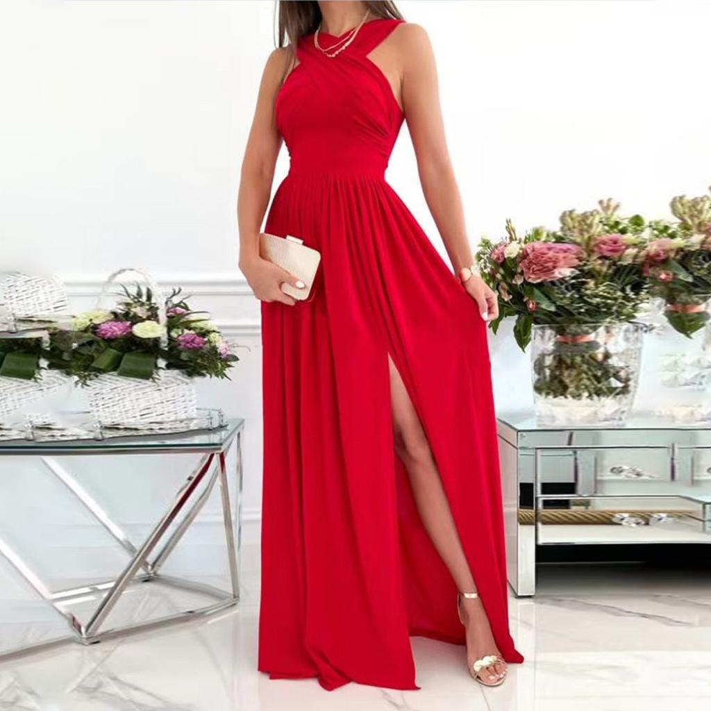 Женское модное повседневное платье макси без рукавов, элегантное длинное платье с разрезом, вечернее платье