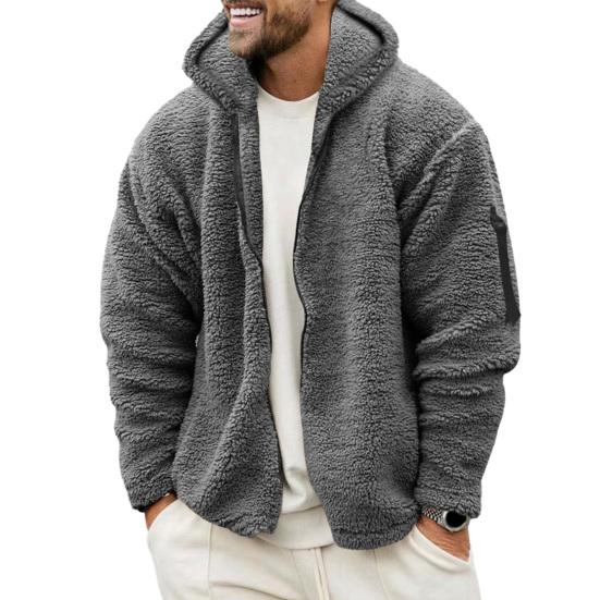 Men Fall Winter Coat Thick Plush Hooded Long Sleeve Zipper Closure Loose Cardigan Warm Cold Resistant Solid Color Soft Pockets Mid Length Men Jacket