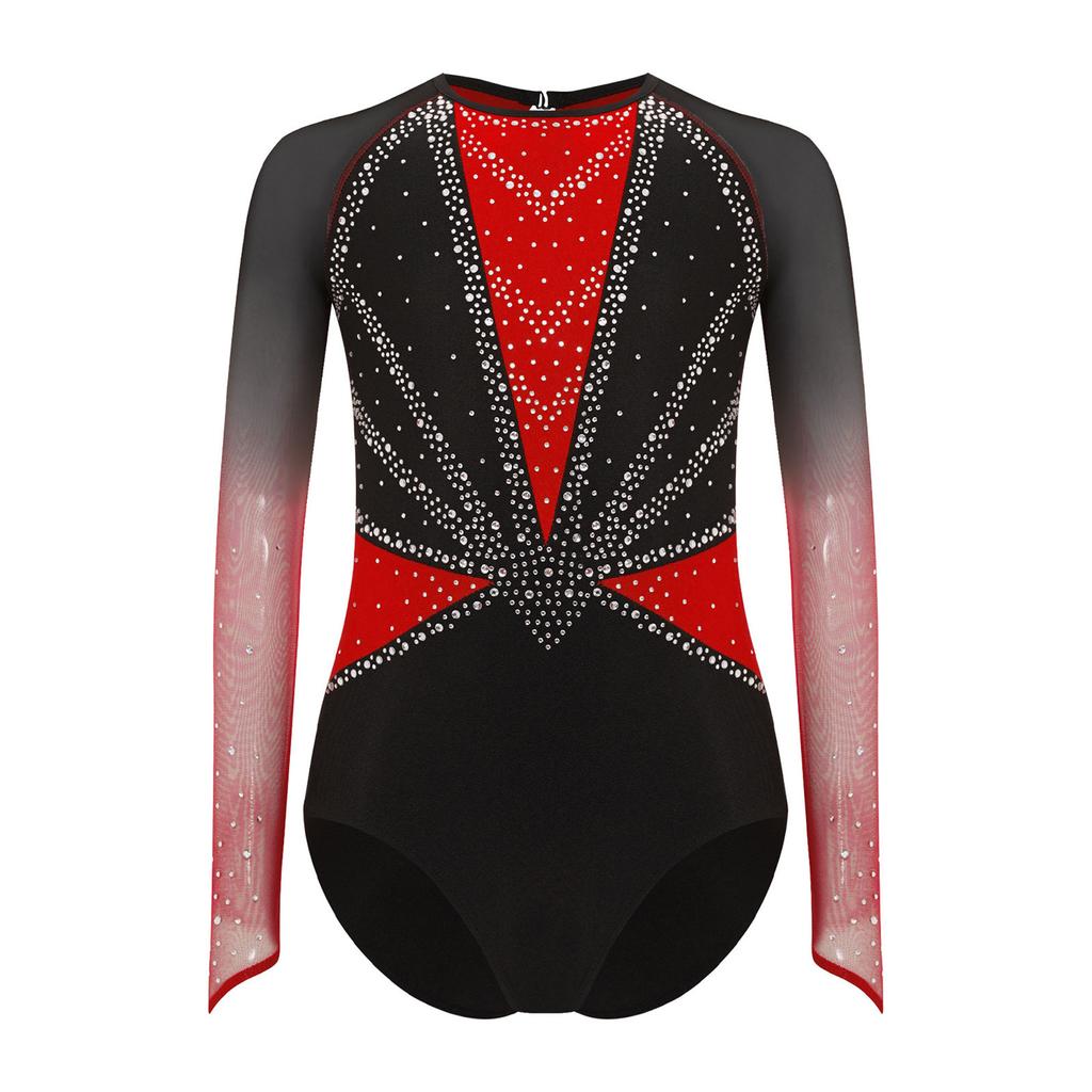 Girls Gymnastics Leotard Sheer Mesh Long Sleeve Keyhole Back Shiny Rhinestones Color Block Costume