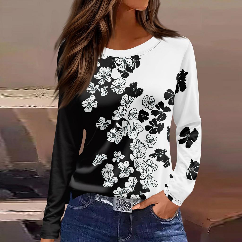 Женская модная повседневная свободная футболка с принтом и круглым вырезом с разрезом и длинным рукавом, женский топ