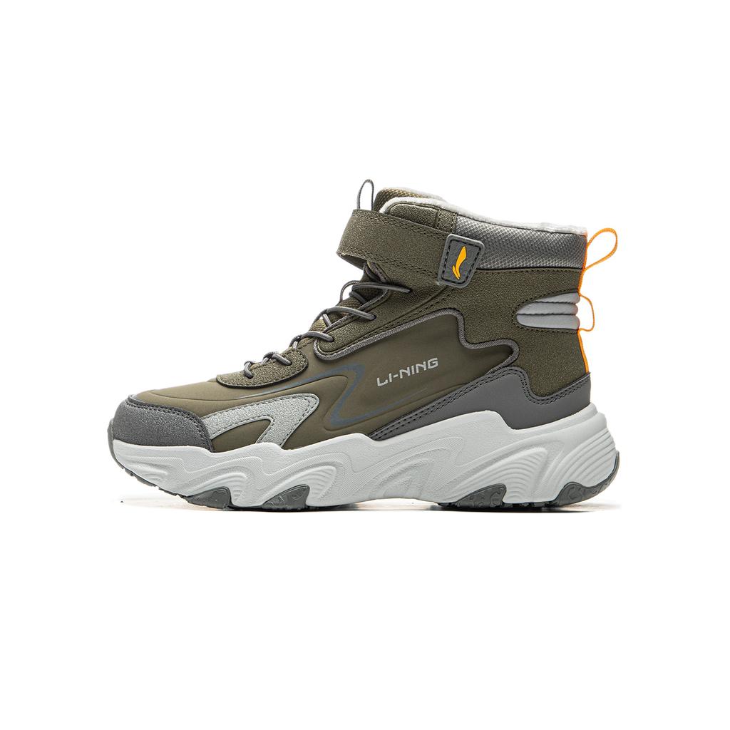 Li Ning Kids Versatile Shock Absorbing Wear Resistant Rebound Warm High Top Casual Shoes Kids Casual Shoes Military-Green Asphalt-Gray YKCU186-35