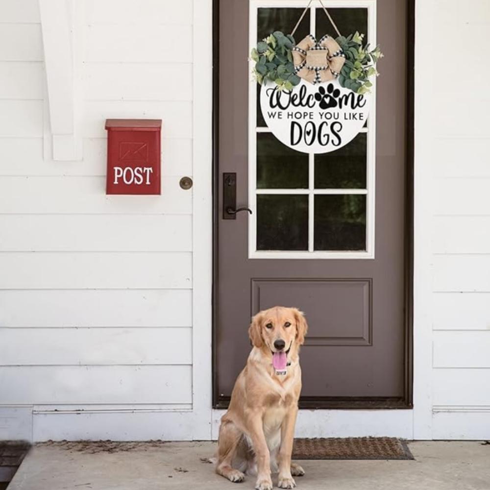 Знак на дверь фермерского дома для украшения крыльца входной двери с листьями эвкалипта и бантом в виде буйвола - приветственный венок, висящий для любителей собак, декор на весну и лето