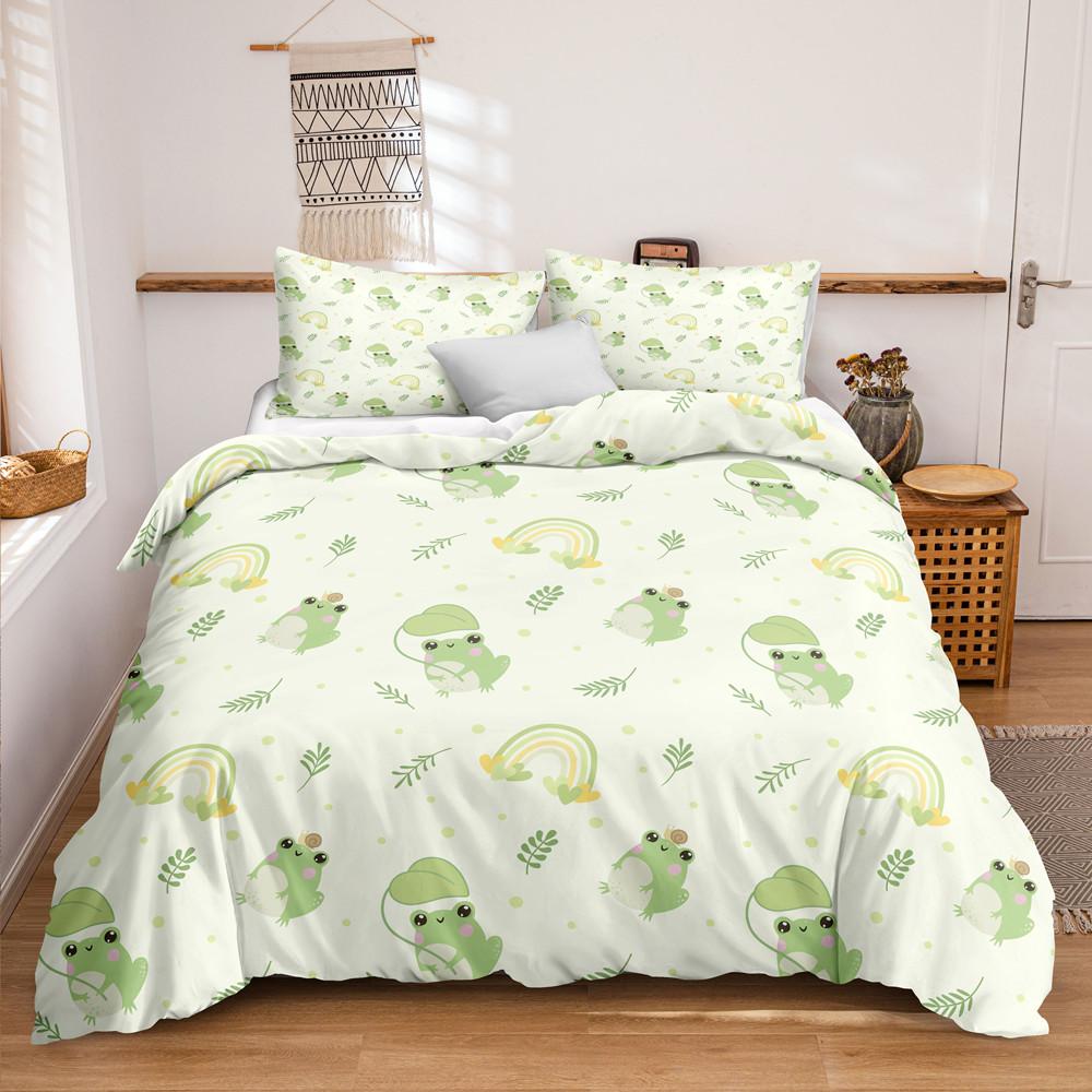 Animal Frogs Duvet Cover Set King Queen Size Green Lovely Cartoon Frog Bedding Set Kids Toad 2/3pcs Polyester Comforter Cover