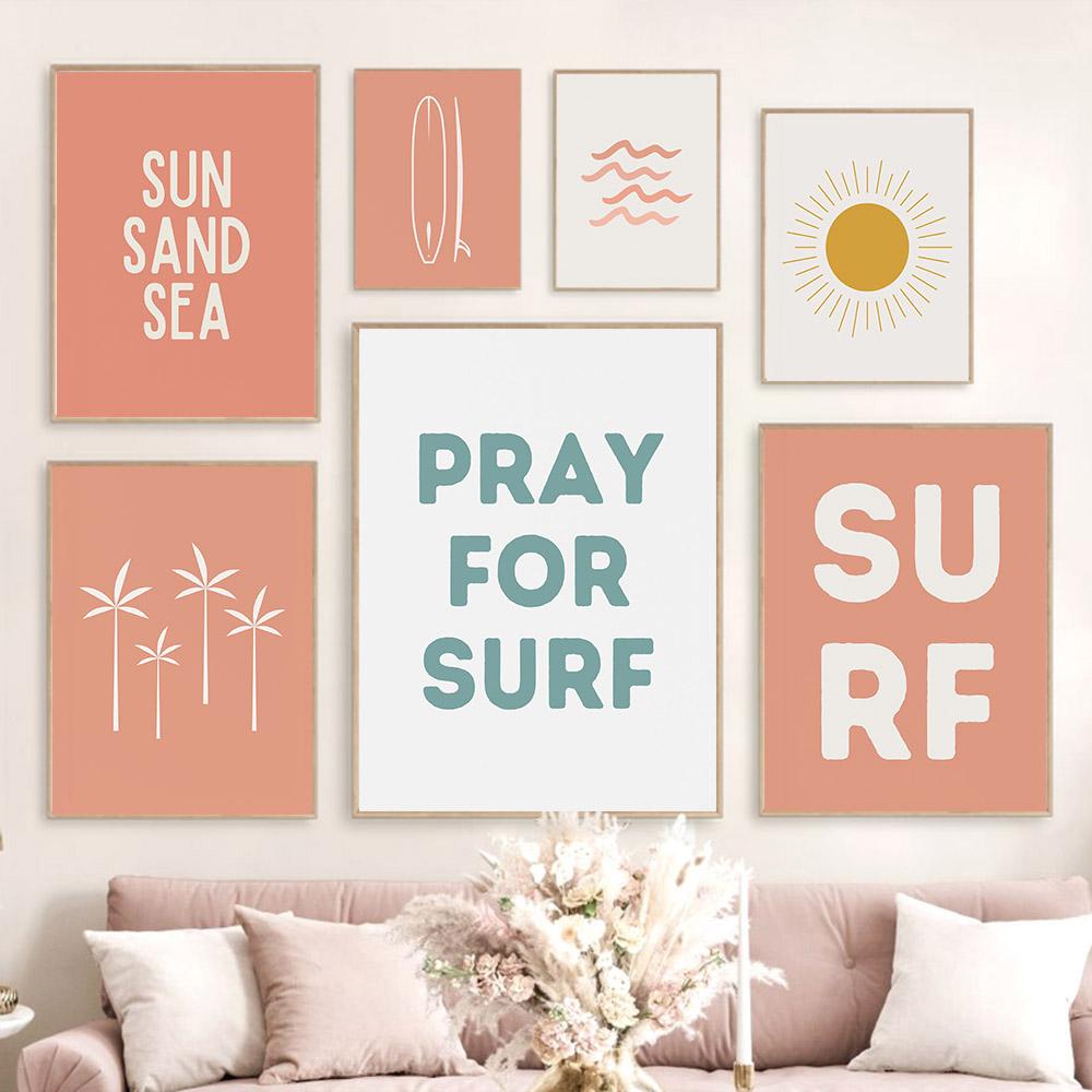 Boho Surf Waves Beach Tree Wall Art Canvas Painting Nordic Quote Posters And Prints Wall Pictures for Kids Nursery Room Decor No Frame