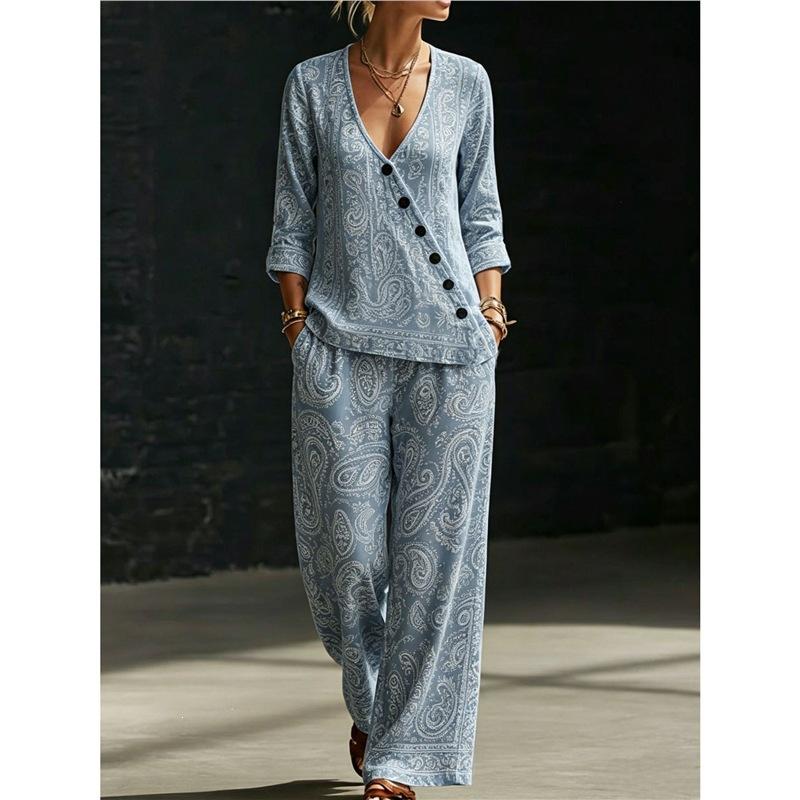 2016 Summer New Navy Blue Base Horseshoe Print V-neck Crossbody Shirt, Wide-Leg Pants Two-Piece Set, Women's Casual Set