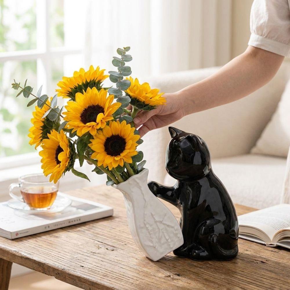 Unique Kitten with Tilted Flower Vase Cat Statue Flower Container Flower Arrangement