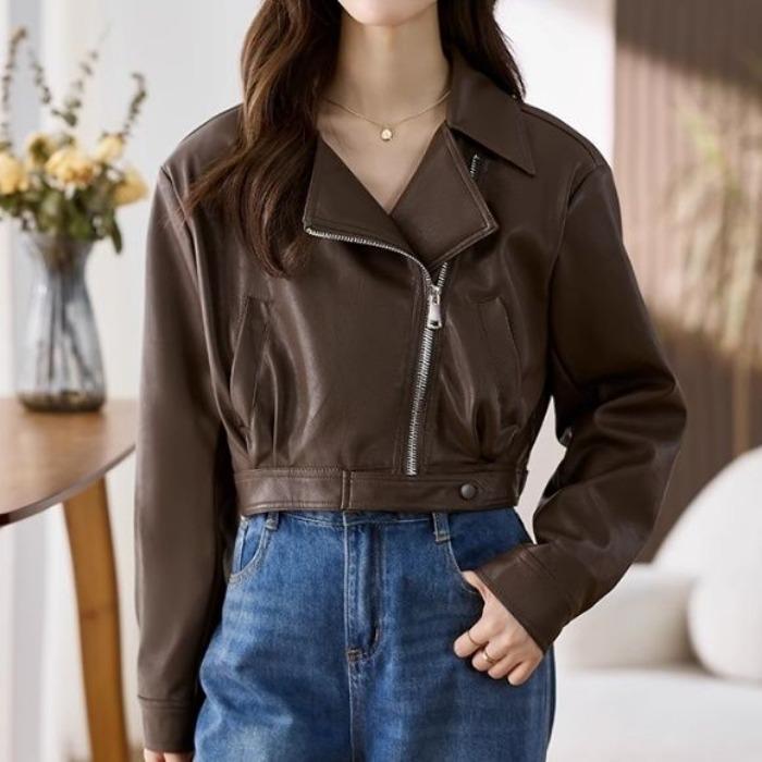 Стильная короткая мотоциклетная куртка кофейного цвета, женская куртка из искусственной кожи с дизайнерским смыслом