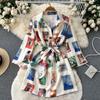 Europe and the United States Design Sense Print Dress Women's Lace-up Waist Slimming Western-style Long-sleeved A-line Dress